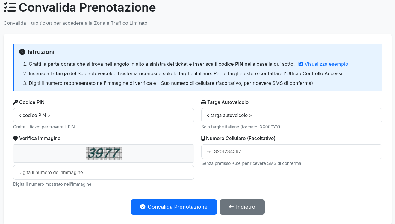 Portale di convalida ZTL — inserimento targa e codice ticket